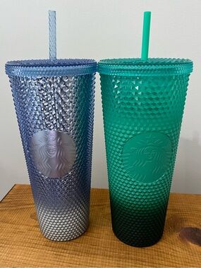 Two Starbucks Bling  Tumblers Blue Ombré & Mint Green Waxberry